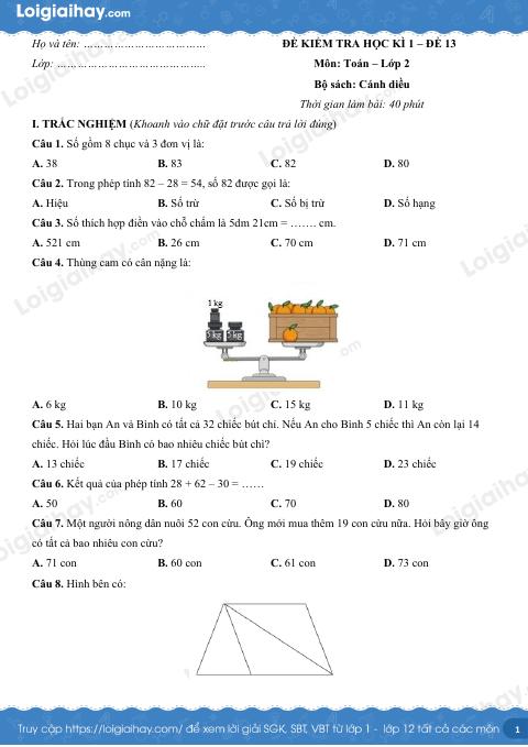 Đề kiểm tra học kì 1 Toán 2 Cánh diều - Đề số 13